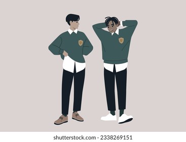 A shy student flirting with their crush during the break, both wearing university uniforms