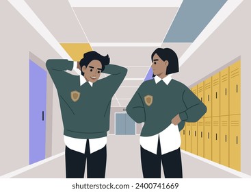 A shy student flirting with their crush during the break, both wearing university uniforms, in a school corridor lined with lockers and doorways leading to classrooms