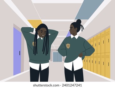 A shy student flirting with their crush during the break, both wearing university uniforms, in a school corridor lined with lockers and doorways leading to classrooms