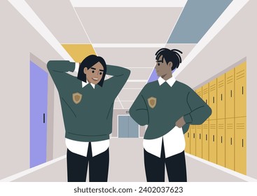 A shy student flirting with their crush during the break, both wearing university uniforms, in a school corridor lined with lockers and doorways leading to classrooms