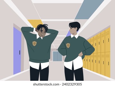 A shy student flirting with their crush during the break, both wearing university uniforms, in a school corridor lined with lockers and doorways leading to classrooms