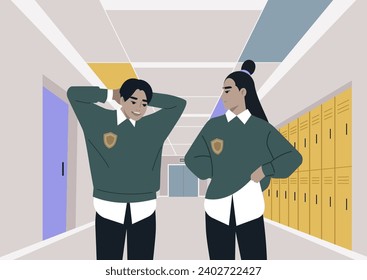 A shy student flirting with their crush during the break, both wearing university uniforms, in a school corridor lined with lockers and doorways leading to classrooms