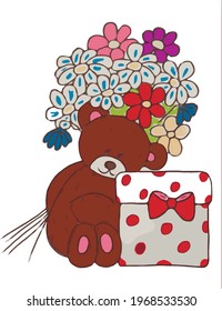 shy teddy bear with a large bouquet of flowers and a gift