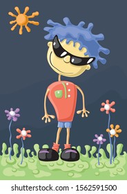Shy Teenager in sunglasses standing on the grass with flowers on a sunny day