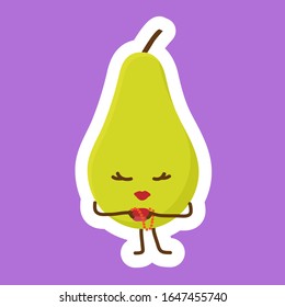 Shy and trendy beautiful pear sticker with Kawaii cute face. Girl with closed eyes and red lipstick holds small bag in her arms. Funny illustration with purple background