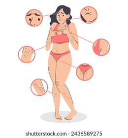 Shy woman before depilation vector isolated. Illustration of a female character with hair all over the body. Young adult woman with hairy legs, arms and face. Concept of beauty and skin care.