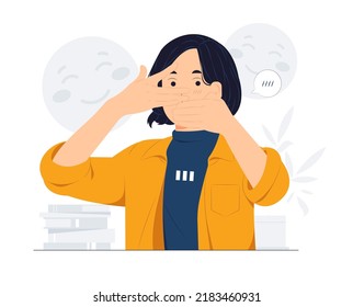 Shy woman covering face with hand and peeking through hand, girl embarrassed, shying concept illustration