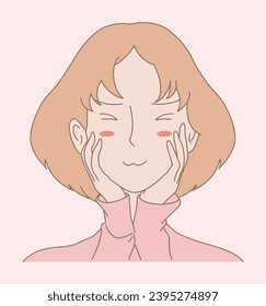 Shy woman having red blushing cheeks, with embarrassed expression, covering cheeks with hands. Hand drawn flat cartoon character vector illustration.