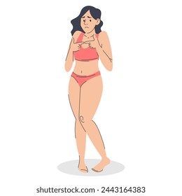 Shy woman in underwear standing vector isolated. Beautiful brunette female character in swimwear. Female body, concept of beauty.