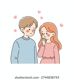 Shy young couple with blushing faces and floating hearts
