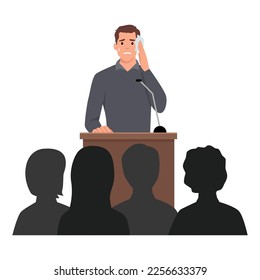 Shy young man sweating, feeling fear and anxiety during public speaking. Nervous stressed speaker behind tribune. Flat vector illustration isolated on white background