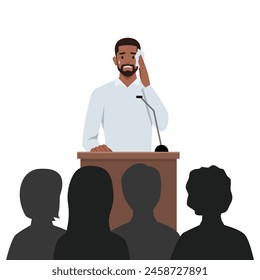 Shy young man sweating, feeling fear and anxiety during public speaking. Flat vector illustration isolated on white background