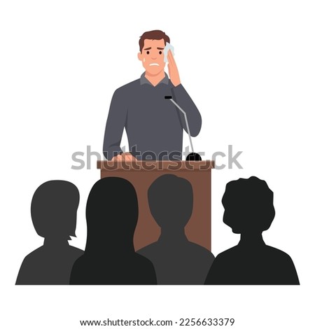 Shy young man sweating, feeling fear and anxiety during public speaking. Nervous stressed speaker behind tribune. Flat vector illustration isolated on white background