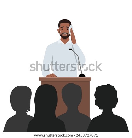 Shy young man sweating, feeling fear and anxiety during public speaking. Flat vector illustration isolated on white background
