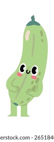 Caráter de desenho animado abobrinha tímido rubor e sorrindo com olhos grandes e expressivos e pernas pequenas, definido contra um fundo branco limpo, radiando fofura e charme