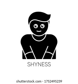 Shyness black glyph icon. Person feeling awkward. Man embarrassed. Social anxiety. Low self esteem. Worry and doubt. Avoid eye contact. Silhouette symbol on white space. Vector isolated illustration