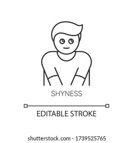 Shyness pixel perfect linear icon. Person feeling awkward. Man embarrassed. Social anxiety. Thin line customizable illustration. Contour symbol. Vector isolated outline drawing. Editable stroke