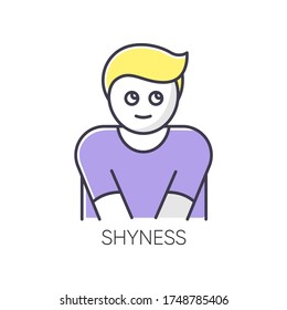 Shyness RGB color icon. Person feeling awkward. Man embarrassed. Social anxiety. Low self esteem. Emotional abuse symptom. Worry and doubt. Avoid eye contact. Isolated vector illustration