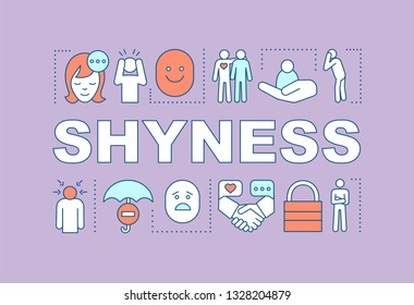 Shyness word concepts banner. Bashfulness, awkward. Lack of confidence. Panic, depression. Presentation, website. Isolated lettering typography idea, linear icons. Vector outline illustration
