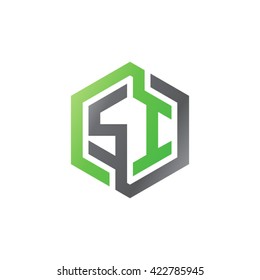 SI initial letters looping linked hexagon logo black gray green