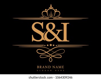 S&I Initial logo, Ampersand initial logo gold with crown and classic pattern