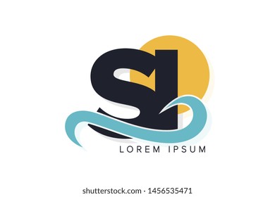 SI letter logo with ocean waves and sunset. Beach concept design