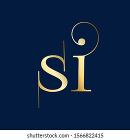 SI monogram logo.Golden typographic icon.Calligraphic lettering sign.Alphabet initials isolated on dark background.Lowercase letter s and letter i.Elegant,beauty,luxury,wedding style characters.