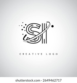 Logotipo do Monograma da Órbita SI - Marca de Letra Mínima Futurista com Linha de Arte Circular, Pontos Inspirados na Tecnologia e Conceito de Movimento Espacial para Identidade de Marca Moderna