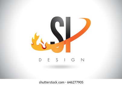 SI S I Letter Logo Design with Fire Flames and Orange Swoosh Vector Illustration.
