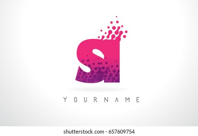 SI S I Letter Logo with Pink Letters and Purple Color Particles Dots Design.