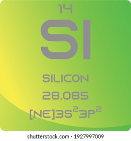 Si Silicon Metalloid Chemical Element vector illustration diagram, with atomic number, mass and electron configuration. Simple gradient flat hexagon design for education, lab, science class.