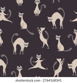Siam Cats in different poses seamless pattern 