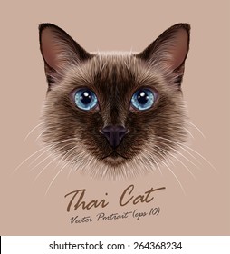 Siamese cat animal cute face. Vector funny happy cat head portrait. Realistic fur portrait of thai kitten isolated on beige background.