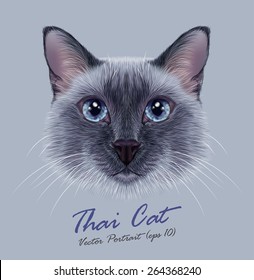 Siamese cat animal cute face. Vector funny happy cat head portrait. Realistic fur portrait of thai blue point kitten isolated on grey background.