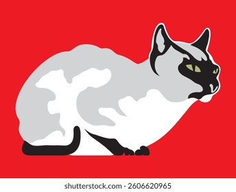 Siamese cat. Black and white illustration on a red background