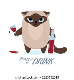 Siamese cat with a bottle of wine