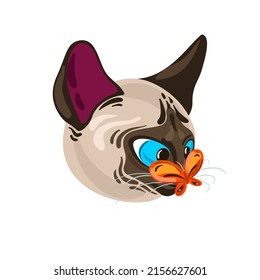 
Siamese cat with butterfly, vector pet illustration. Cute baby cat vector illustration. 