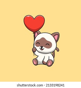 Siamese cat caartoon holding love. Flat cartoon style.