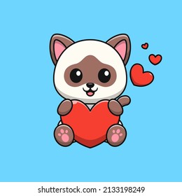 Siamese cat caartoon holding love. Flat cartoon style.