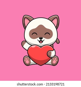 Siamese cat caartoon holding love. Flat cartoon style.