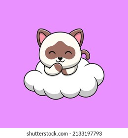 Caricatura del gato siamés sobre las nubes. Estilo de caricatura plano.