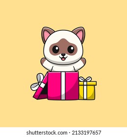 Caricatura de un gato siamés en una caja de regalo. Estilo de caricatura plano.