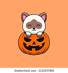Siamese cat cartoon in halloween pumpkin. Flat cartoon style.