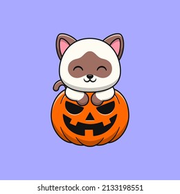 Siamese cat cartoon with halloween pumpkin. Flat cartoon style.