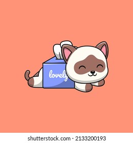 Siamese cat cartoon playing with tissue. Flat cartoon style.