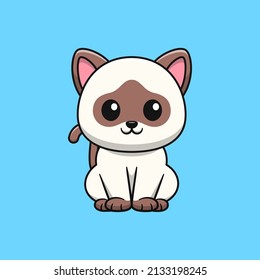 Siamese cat cartoon is sitting. Flat cartoon style.