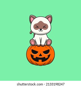 Siamese cat cartoon sitting on halloween pumpkin .Flat cartoon style.