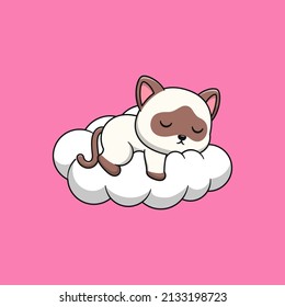 Siamese cat cartoon sleeping on the cloud. Flat cartoon style.