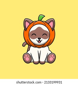 Siamese cat cartoon wearing halloween pumpkin helmet .Flat cartoon style.