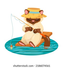 Siamese cat catches fish. The animal fell asleep on the fisherman. Spring entertainment. Pet. Kitten. Vector illustration.